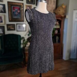 May Queen Black Boucle Tweed Shift Mini Dress Zipper Shoulder Accents